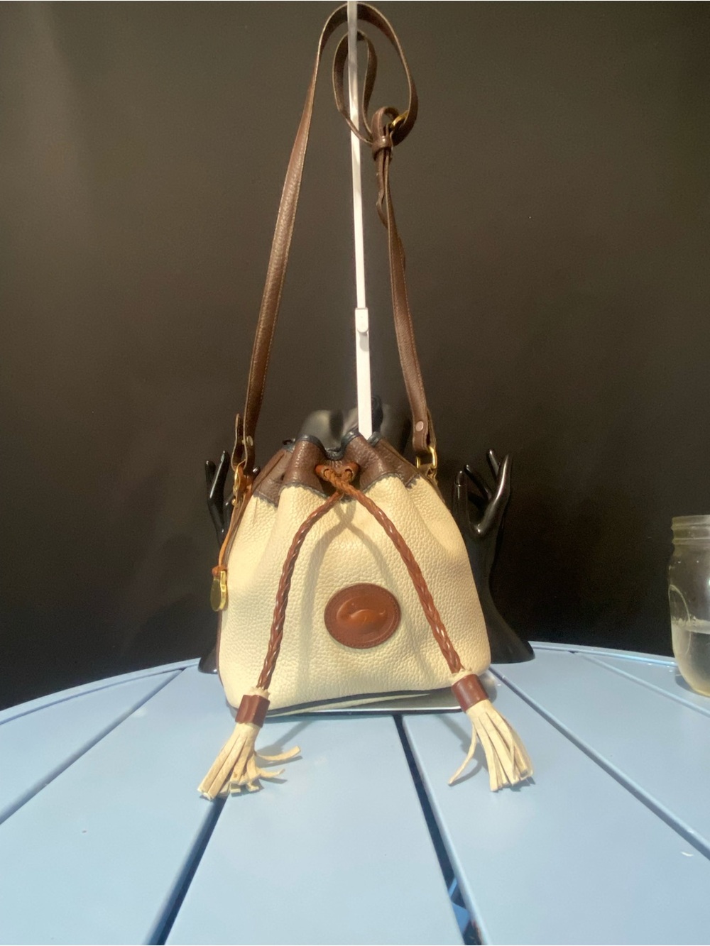 Dooney Bourke Vintage Leather Satchel Bucket Bag Purse Beige